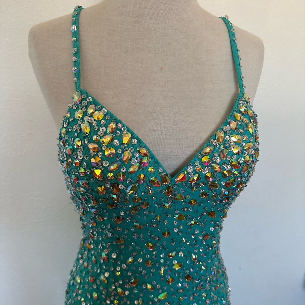 Blue-green bejeweled dress Y2K